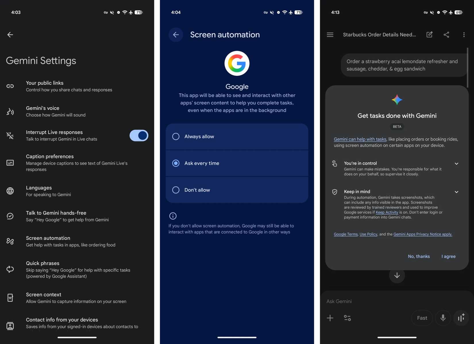 Capturas de tela destacando a automação de tela no Gemini.