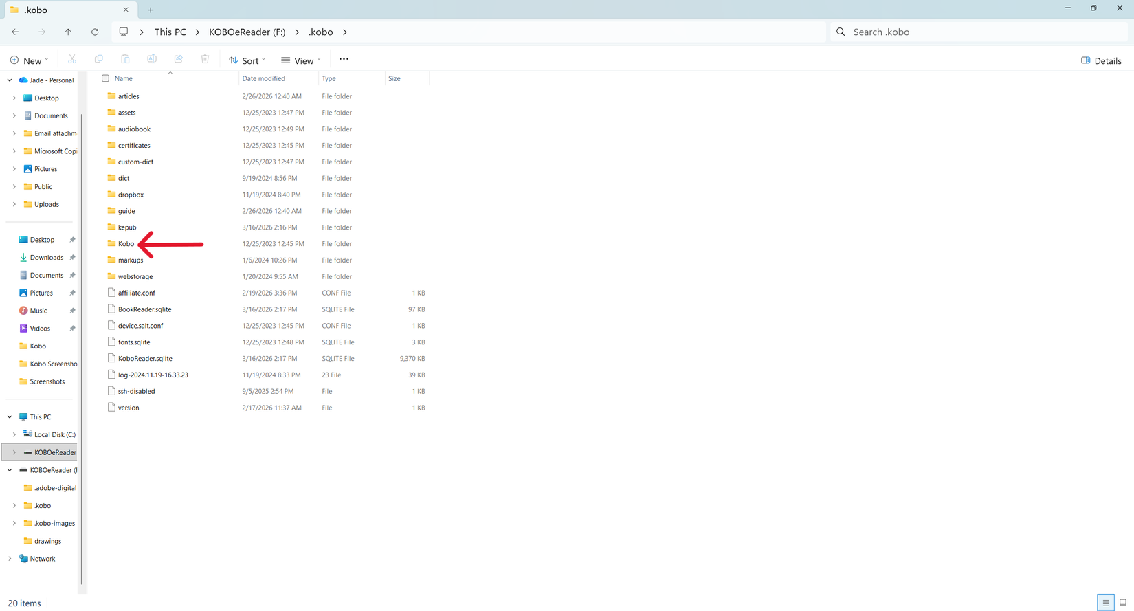 Uma captura de tela do Windows File Explorer nos arquivos de um Kobo, com uma seta vermelha apontando para 