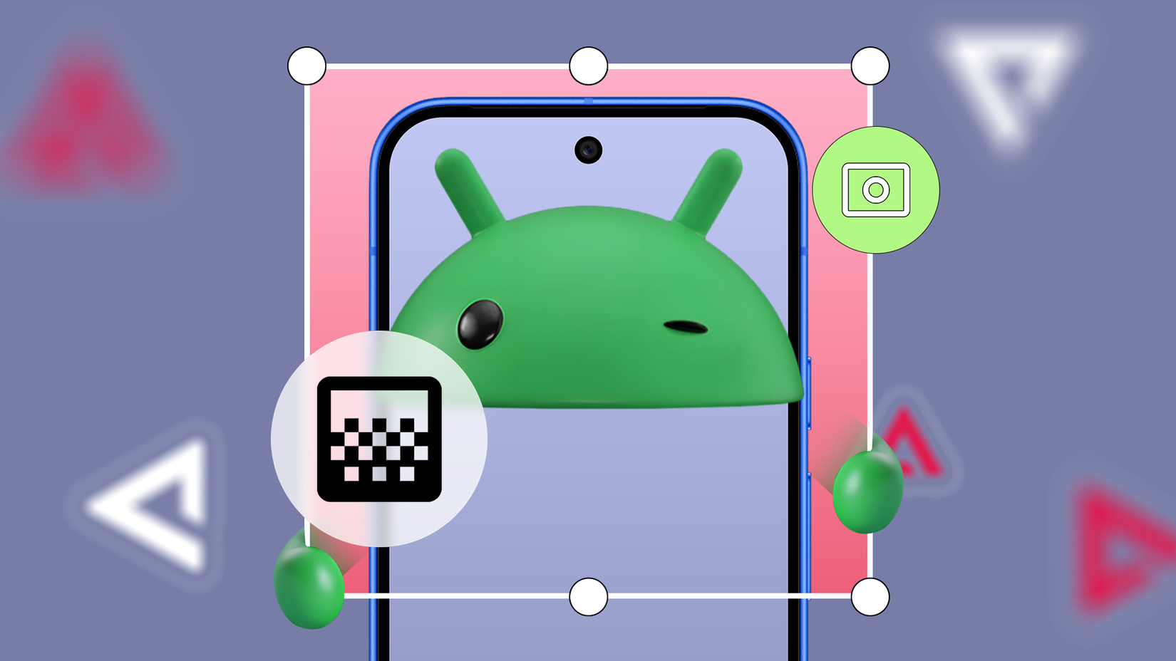Captura de tela da tela de um smartphone mostrando o mascote do Android piscando, com o logotipo do Shots Studio ao lado.
