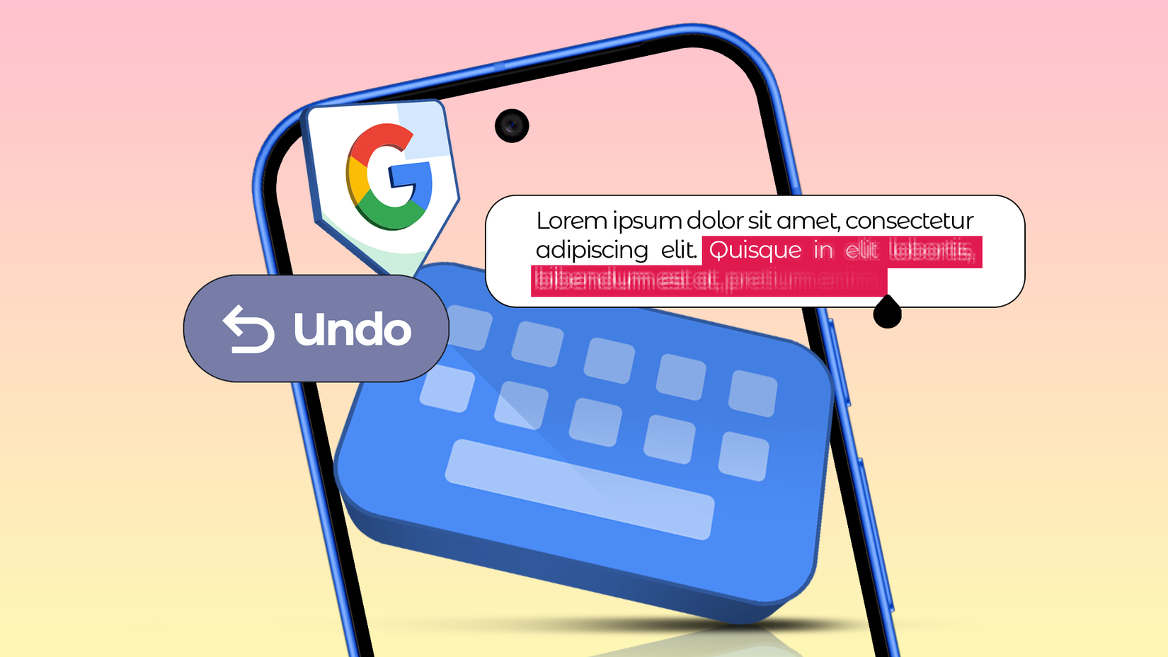Tela do smartphone com teclado Gboard, um balão de texto com texto destacado e um botão Desfazer flutuante.