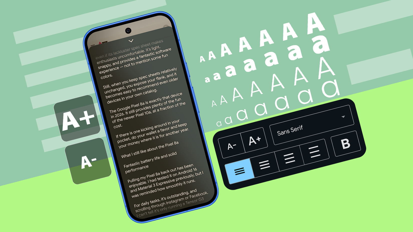 Tela do smartphone mostrando um artigo com ícones de tamanho de fonte e configurações de alinhamento
