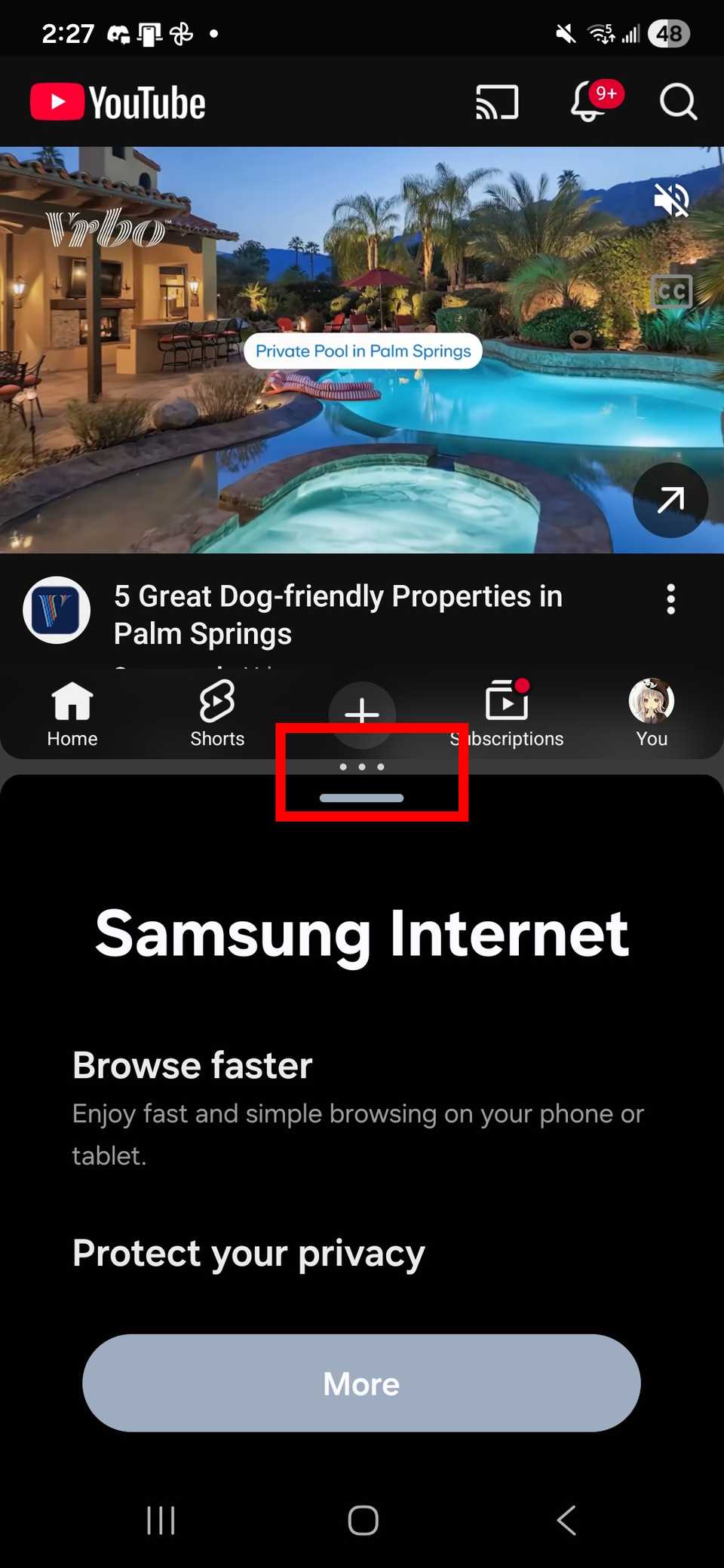 Red rectangle outline highlighting the three dot icon in split-screen mode