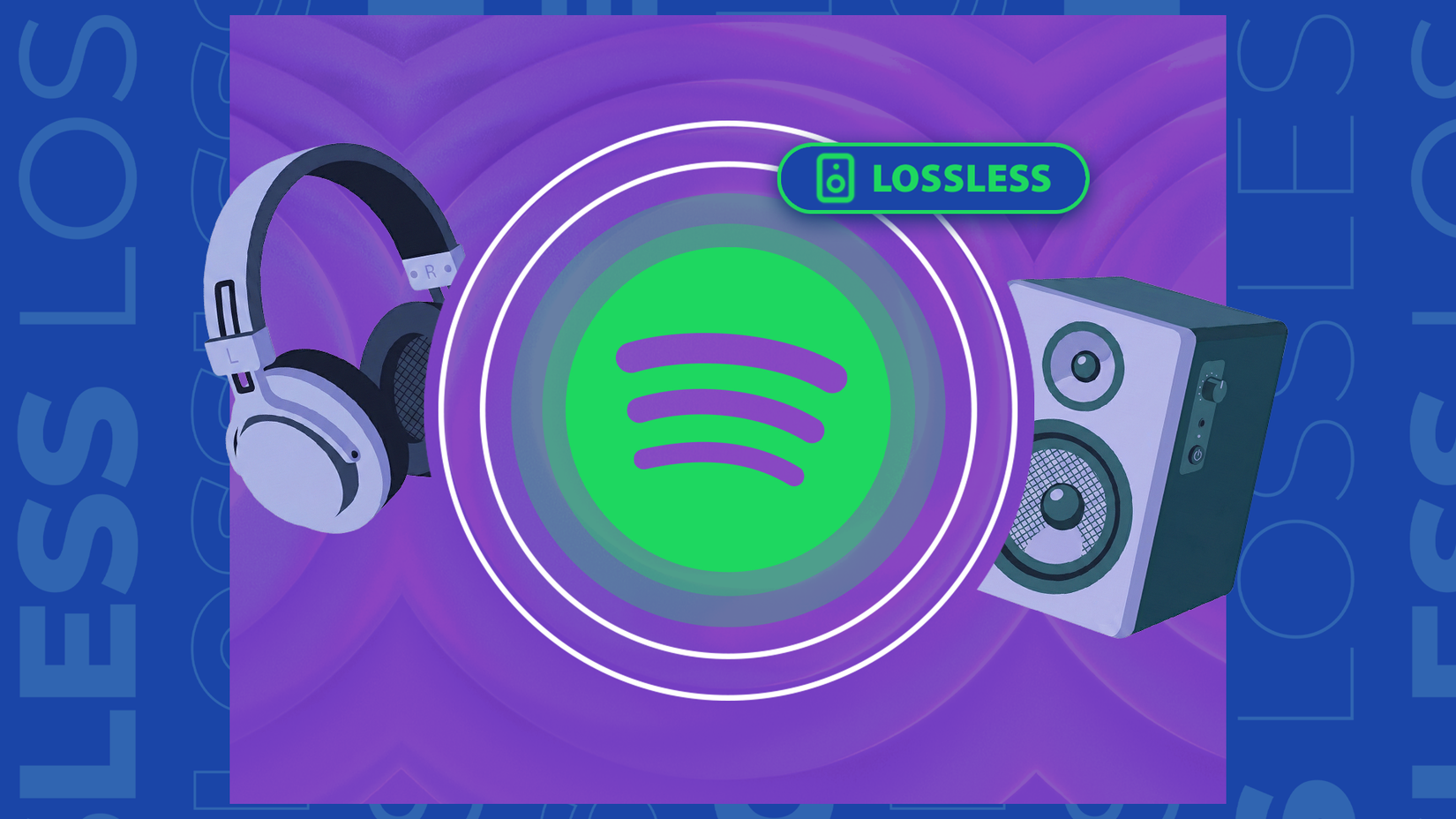 Spotify logo between headphones and a speaker, featuring a green 'LOSSLESS' badge on a purple and blue background.
