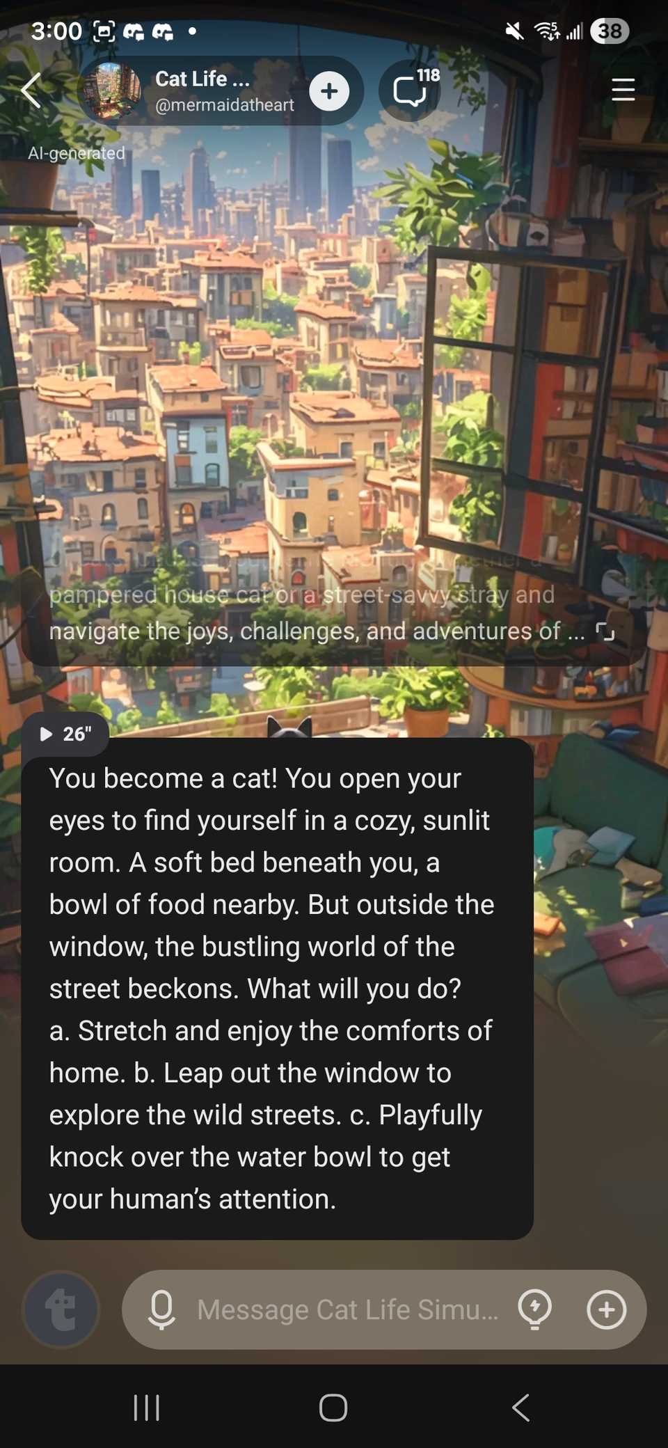 Chat strutturata sulla vita dei gatti nell'app Talkie
