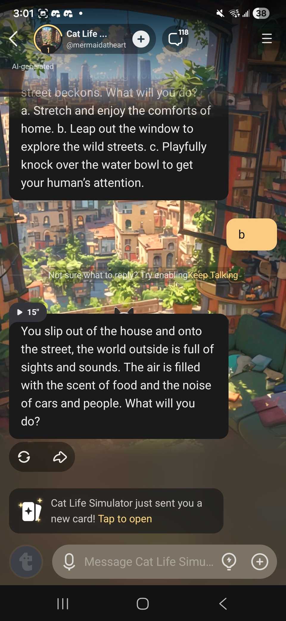 Scegliendo un'opzione nella chat strutturata Cat Life nell'app Talkie