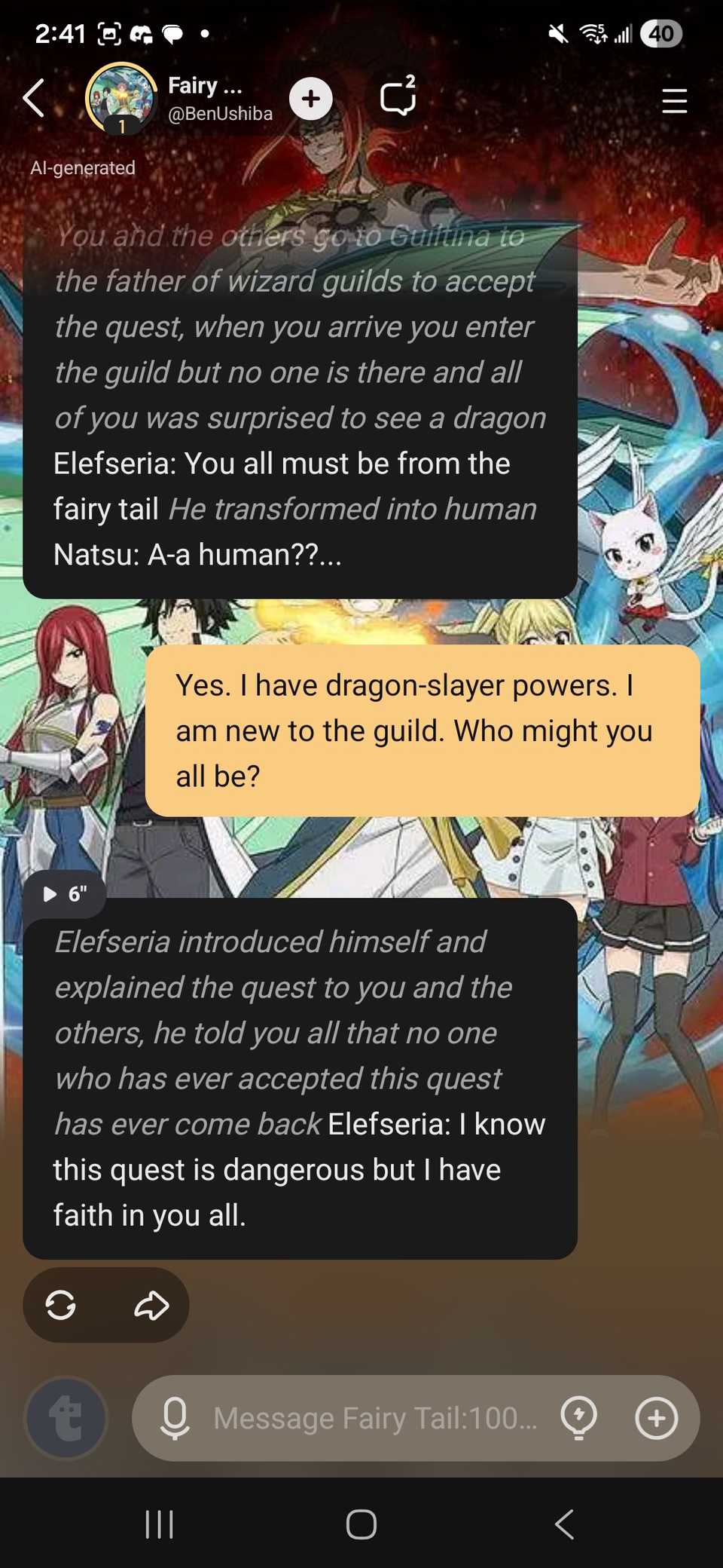 Una breve sessione di gioco di ruolo con l'app Talkie che mostra la finestra di contesto in corso