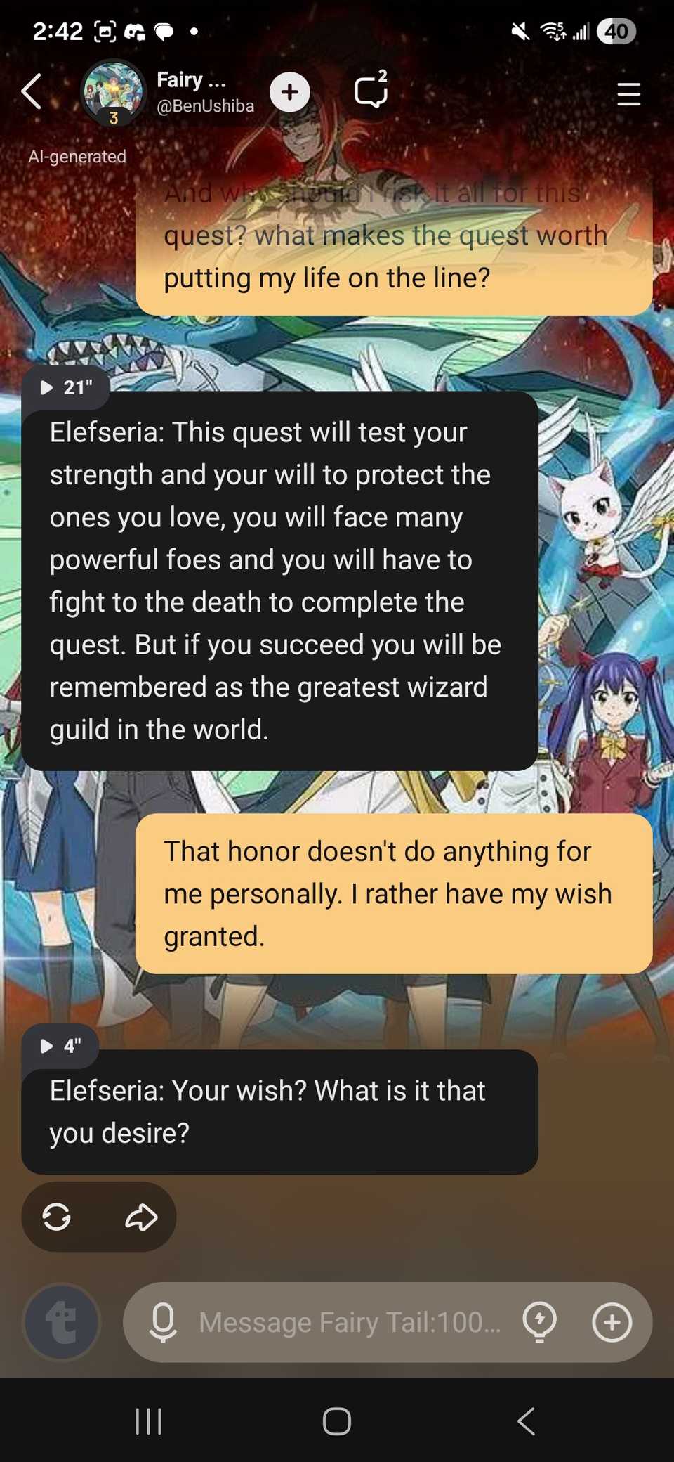 Esempio di una breve sessione di gioco di ruolo nell'app Talkie con finestra di conversazione continua nell'app Talkie