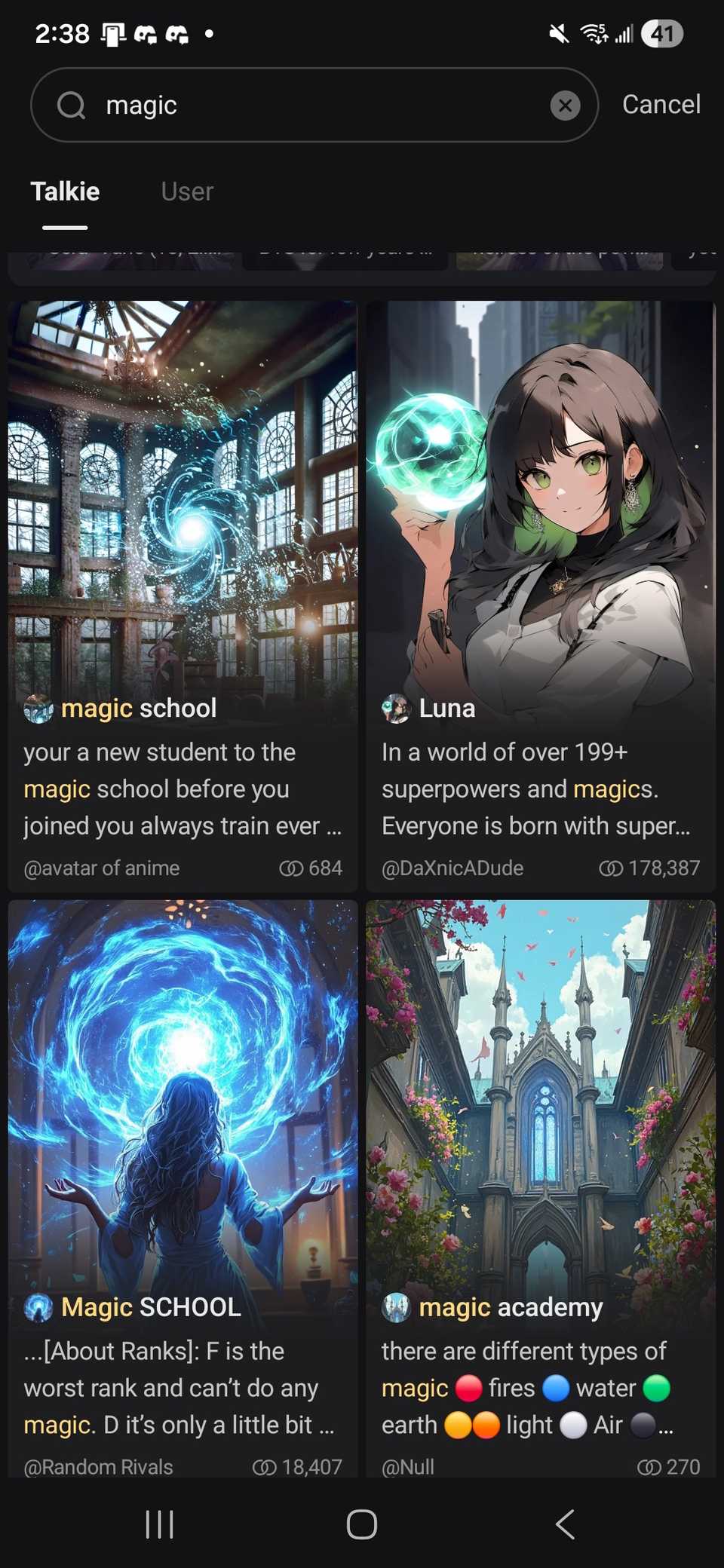 Ricerca di un tema nell'app Talkie per trovare una storia