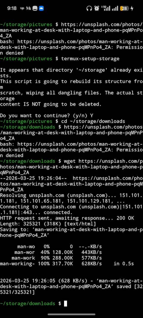 Aplicativo Termux baixando uma imagem Unsplash usando o comando wget após um erro de permissão