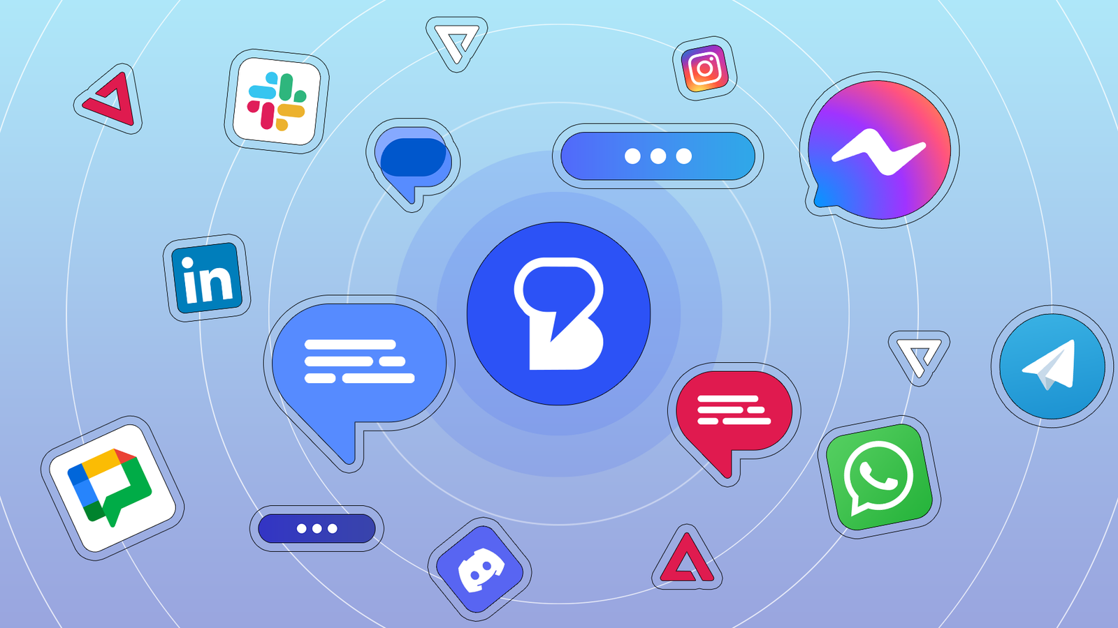 The Beeper logo in the center surrounded by various messaging and social media app icons on a blue background.