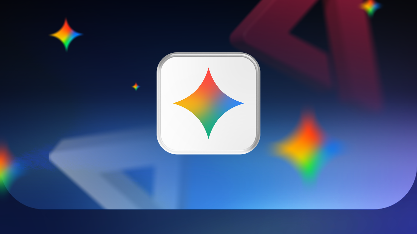 O logotipo Gemini no centro, cercado por estrelas flutuantes desfocadas em um fundo azul escuro