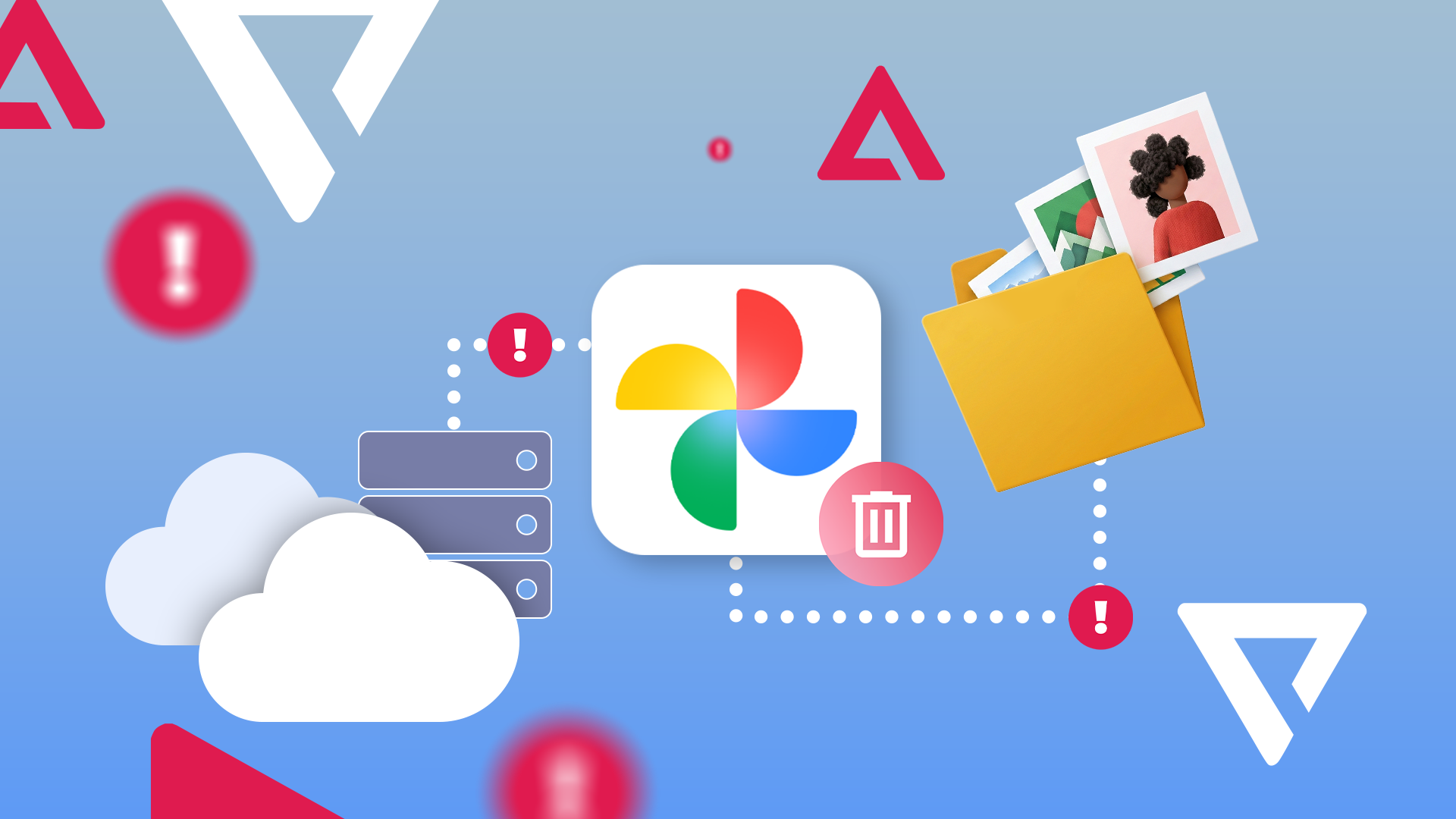 The Google Photos logo with a delete icon, connected to a cloud, a server, and a photo folder icon, all marked with red alert symbols on a blue background.