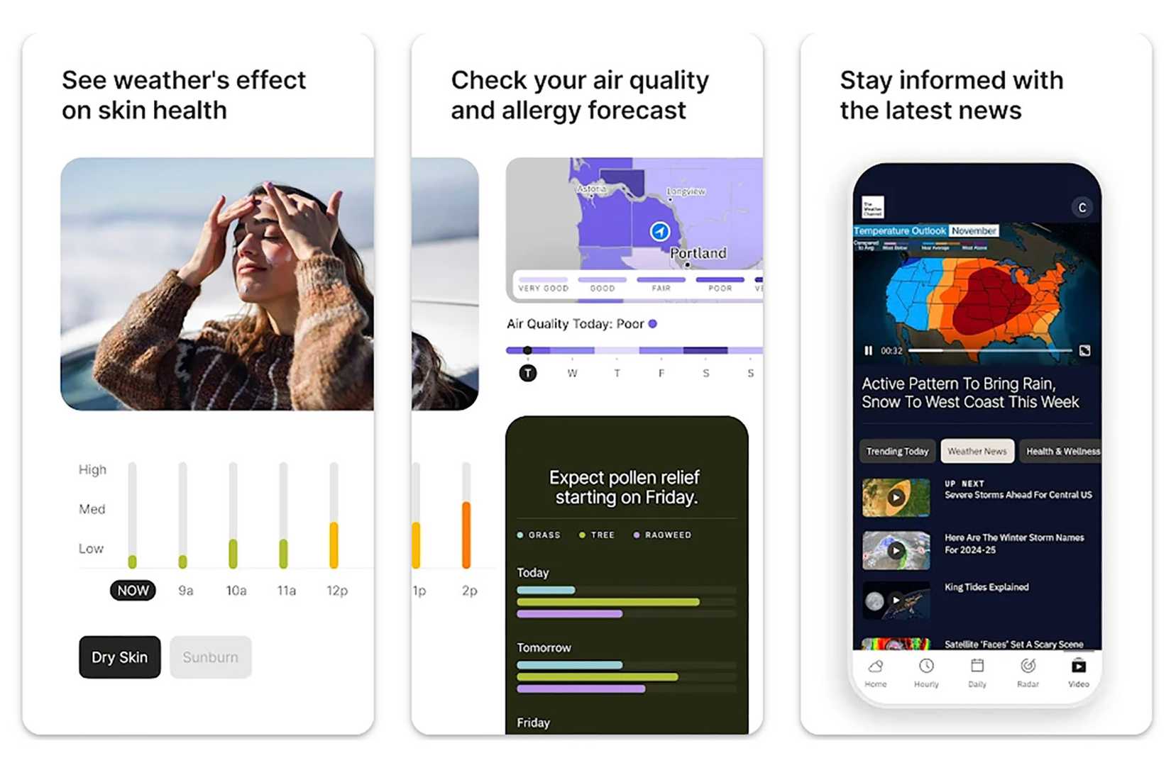 tre schermate dell'app The Weather Channel