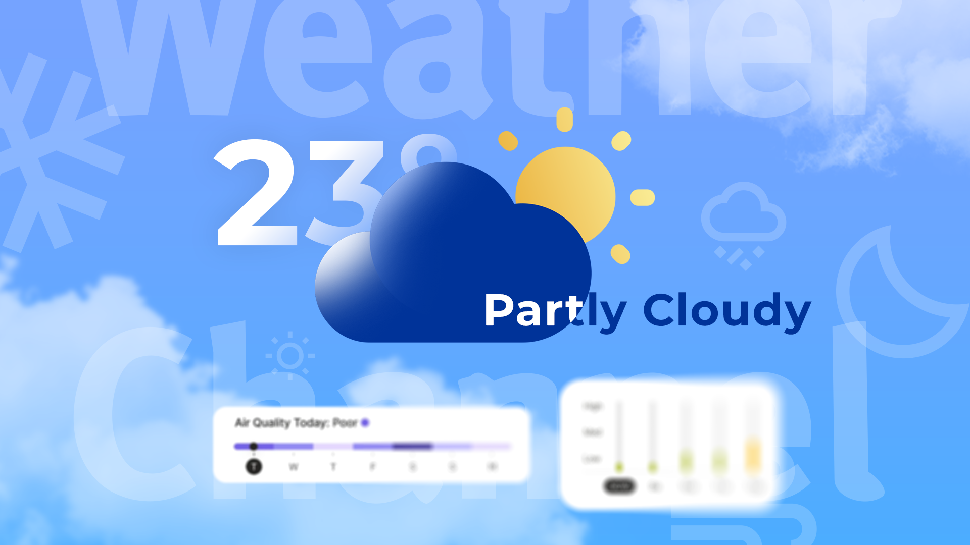 The Weather Channel interface showing 23 degrees and partly cloudy weather with an air quality widget on a blue sky background.