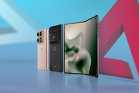 Three Motorola Razr Fold smartphones displayed in different colors and folding positions.