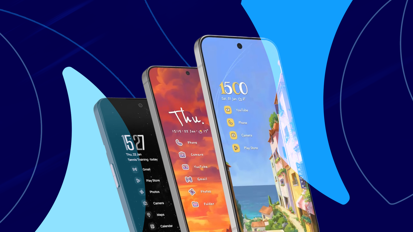 Três smartphones exibindo telas iniciais minimalistas do Niagara Launcher com listas verticais de aplicativos contra um fundo abstrato azul.