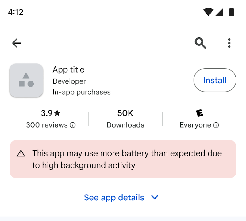 Uma captura de tela destacando o aviso de alto uso de bateria do Google Play.