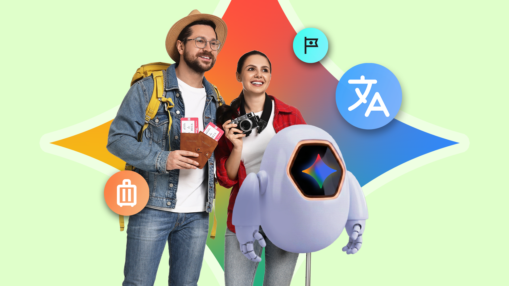 Illustration of a traveling couple with a small Gemini robot, with translation and travel icons on a colorful background.