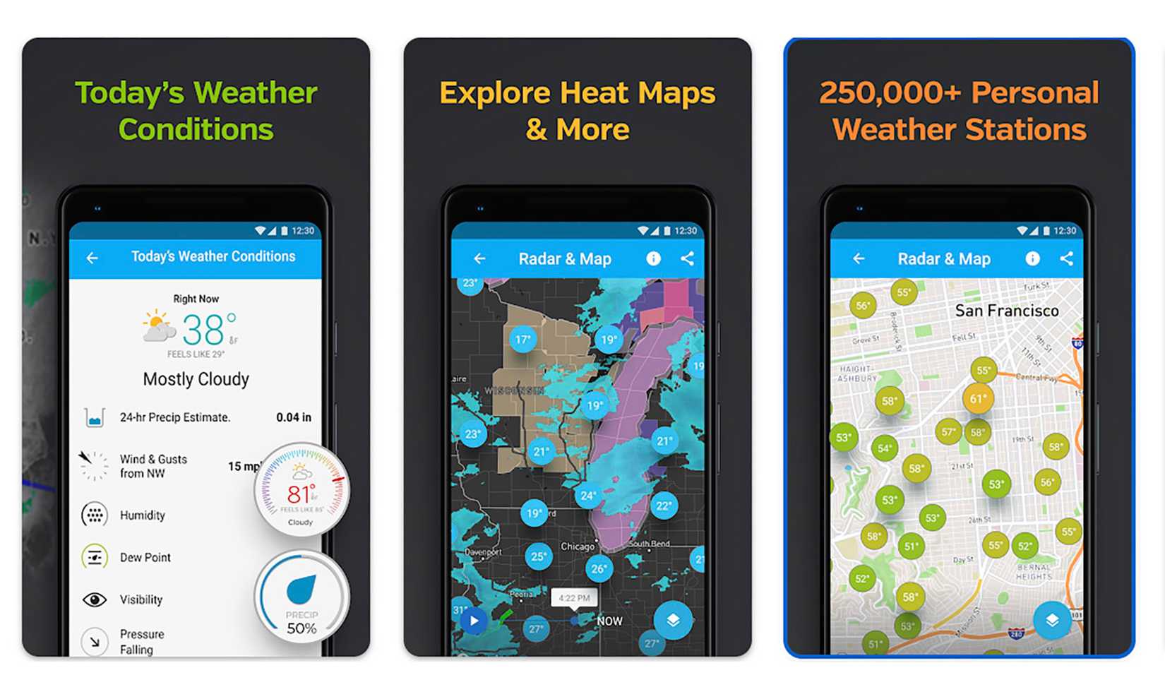 três telas do aplicativo Weather Underground