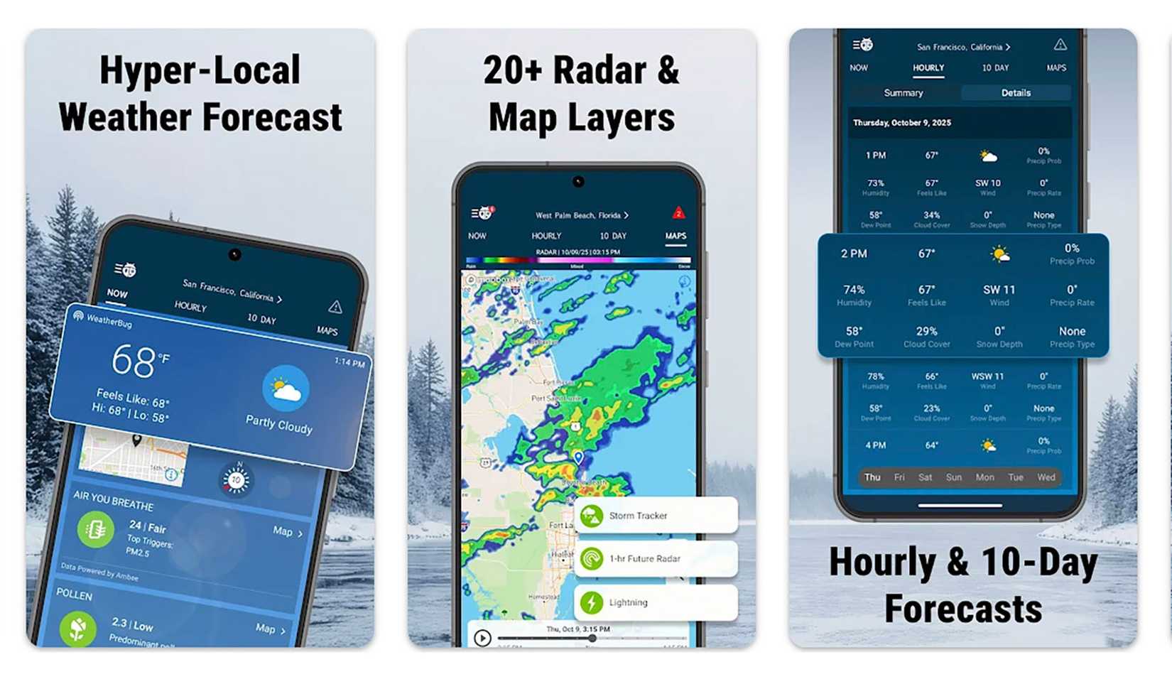 tre schermate dell'app WeatherBug
