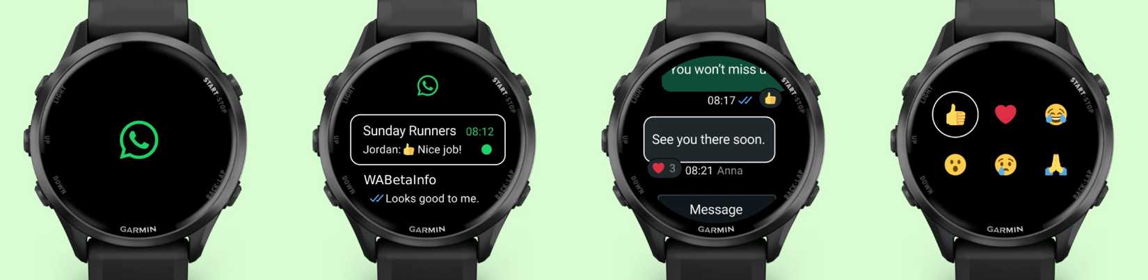 Uma imagem destacando o WhatsApp em execução em wearables Garmin.