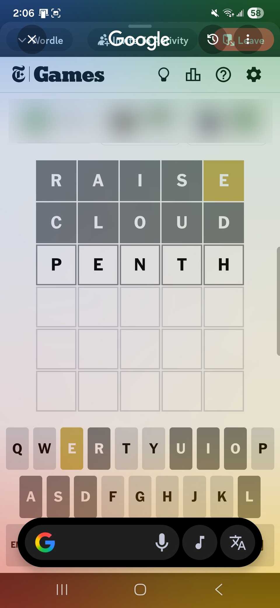 worldle app in discord using circle to search to look up a word