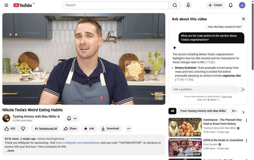 Captura de tela mostrando uma solicitação para Gemini's Ask no YouTube