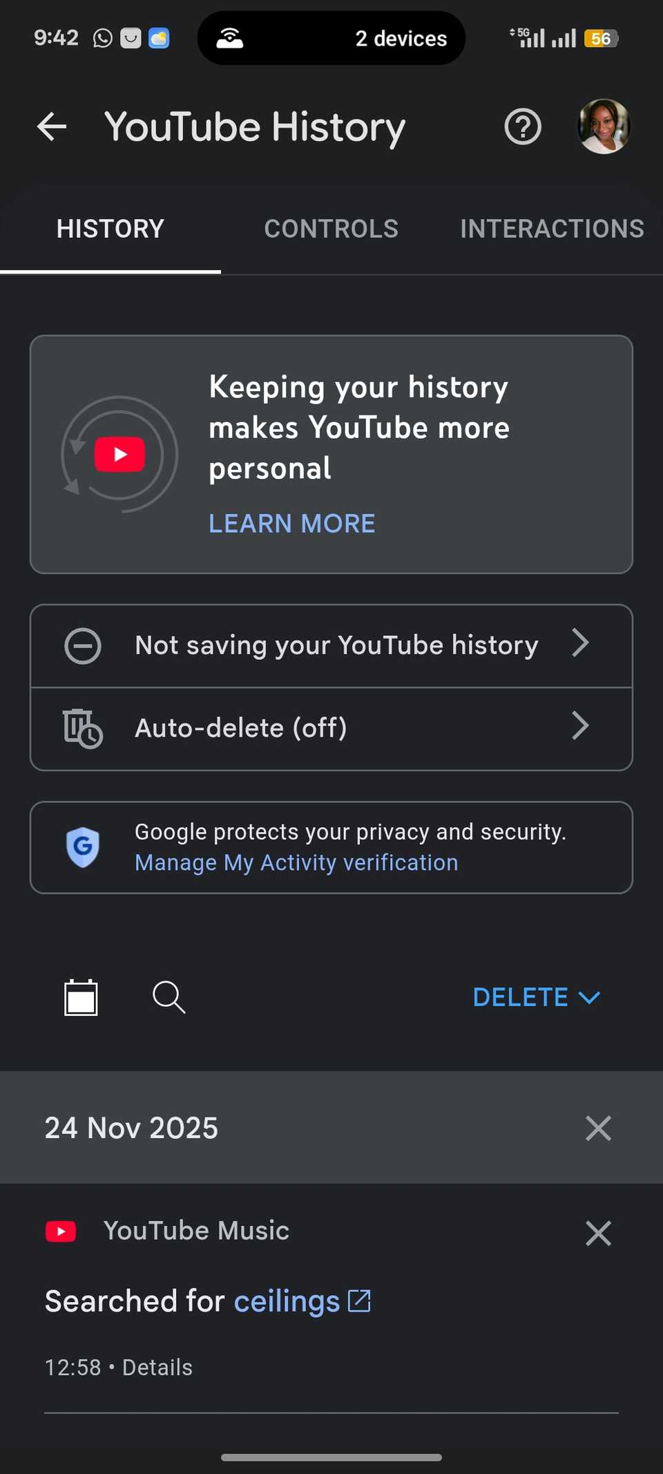 Menu Cronologia di YouTube che mostra le impostazioni per la gestione e l'eliminazione dei video guardati in passato