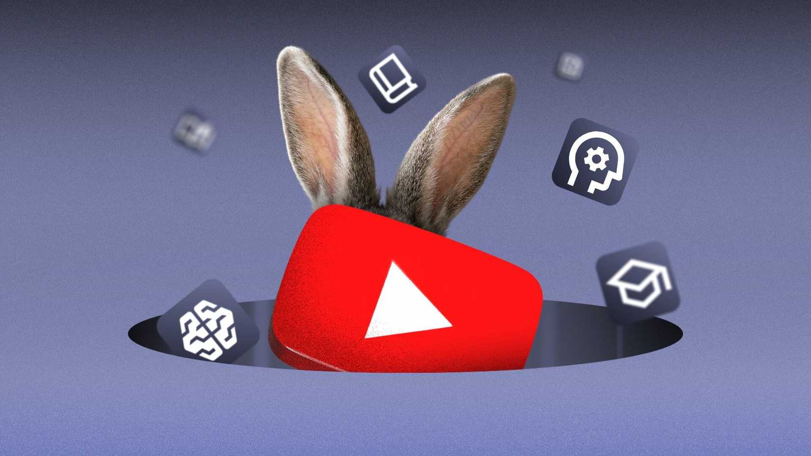 Orelhas de coelho aparecendo atrás do logotipo do YouTube dentro de um buraco e cercadas por vários ícones