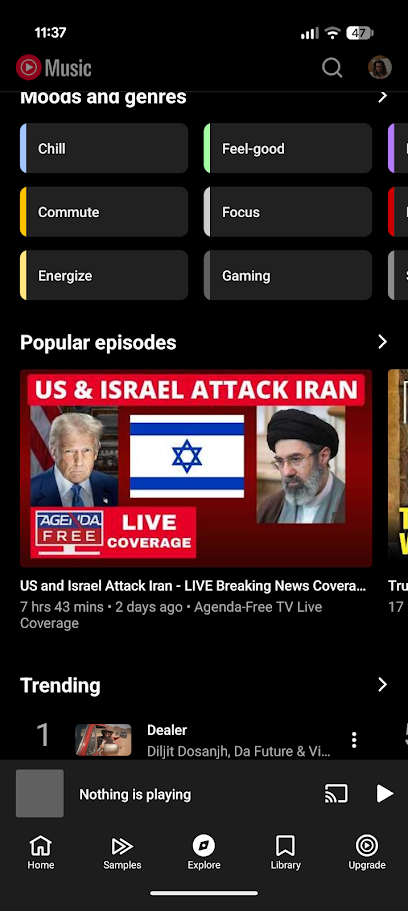 suggested podcasts and music categories on youtube music app home screen