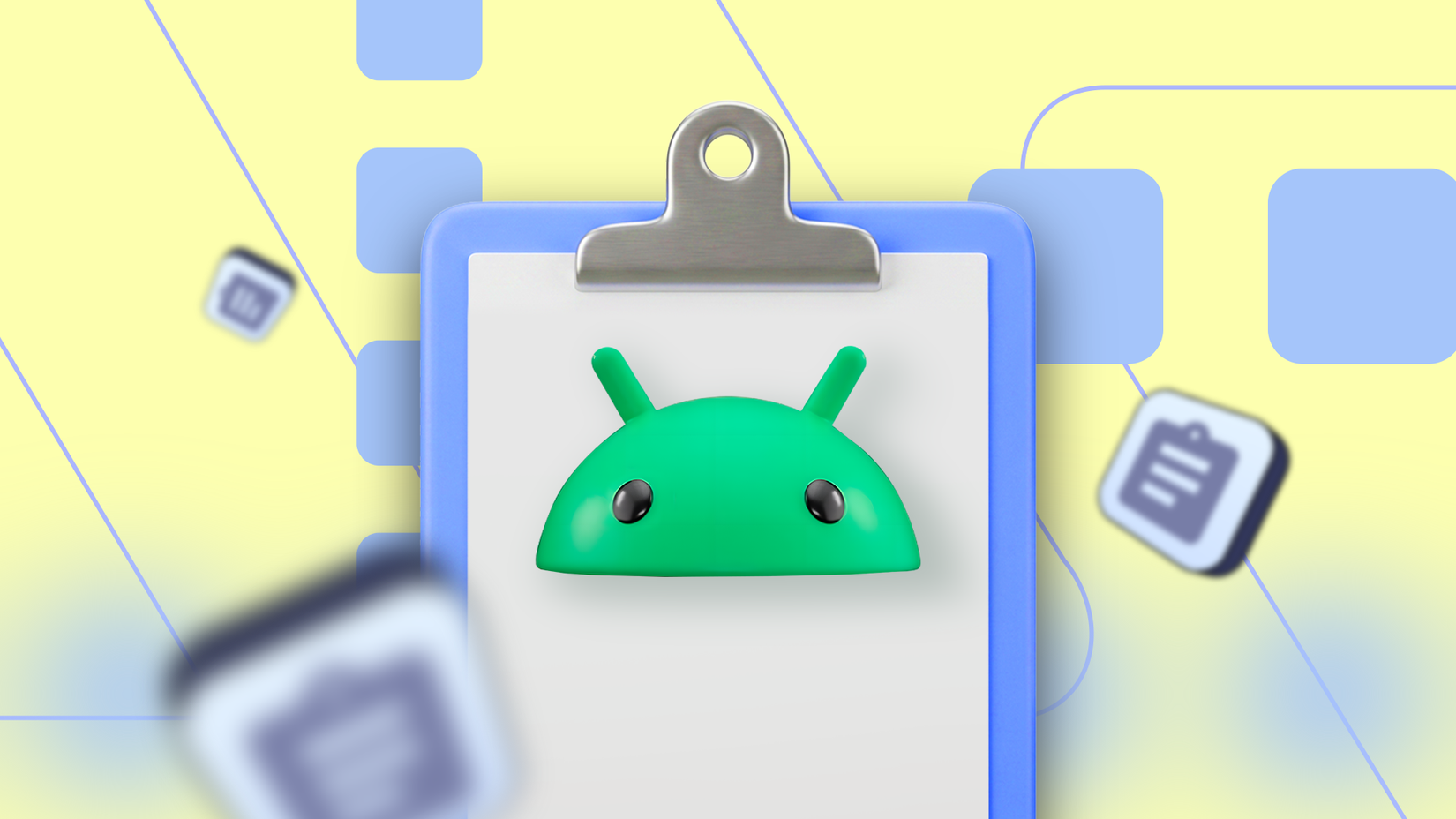 3D Android mascot on a blue clipboard against a yellow background.