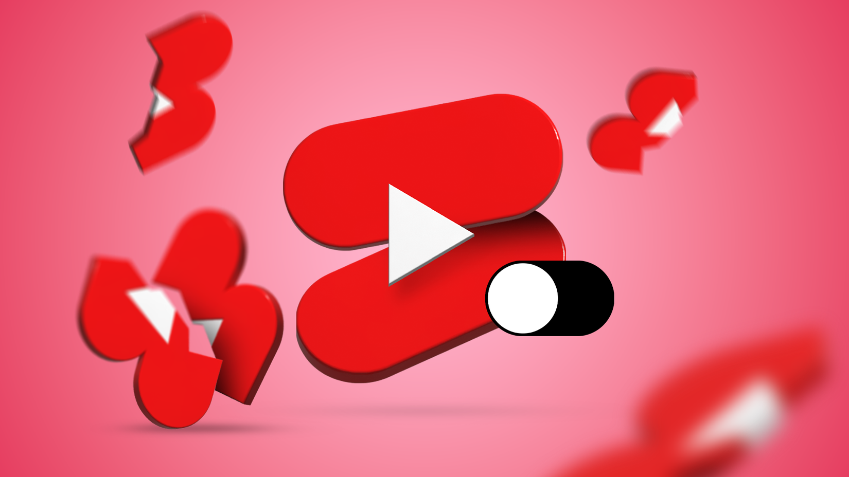 Logotipo 3D do YouTube Shorts com um botão de alternância desativado, cercado por peças fragmentadas flutuando em um fundo gradiente rosa