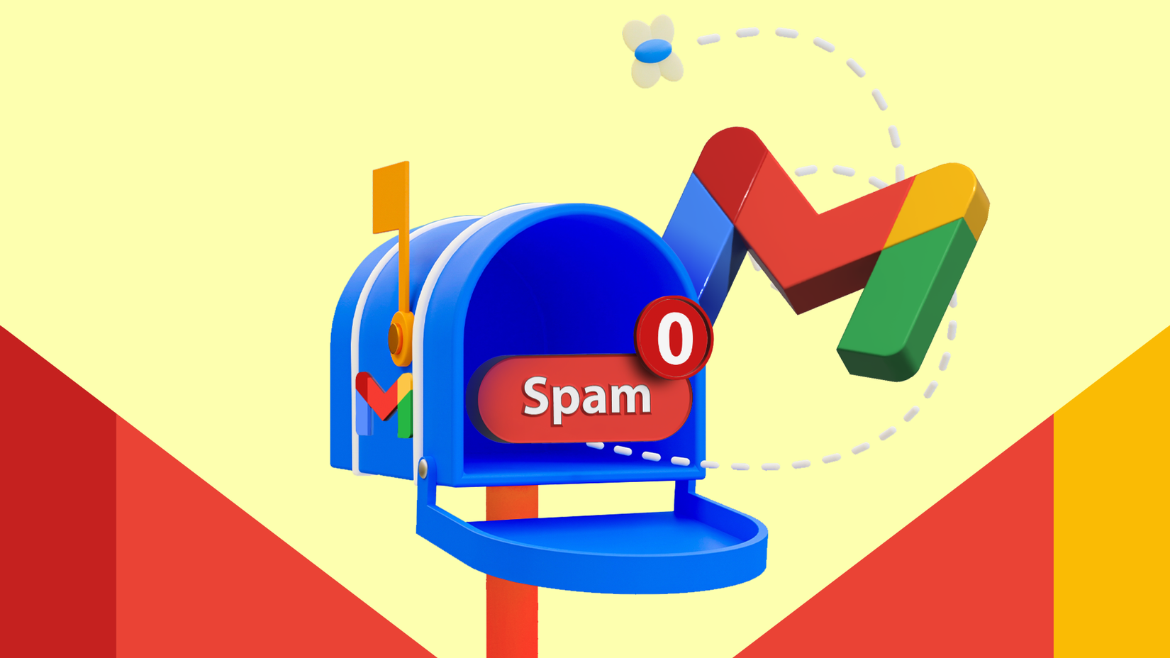 A blue mailbox with the Gmail logo and a red 'Spam' label showing zero notifications