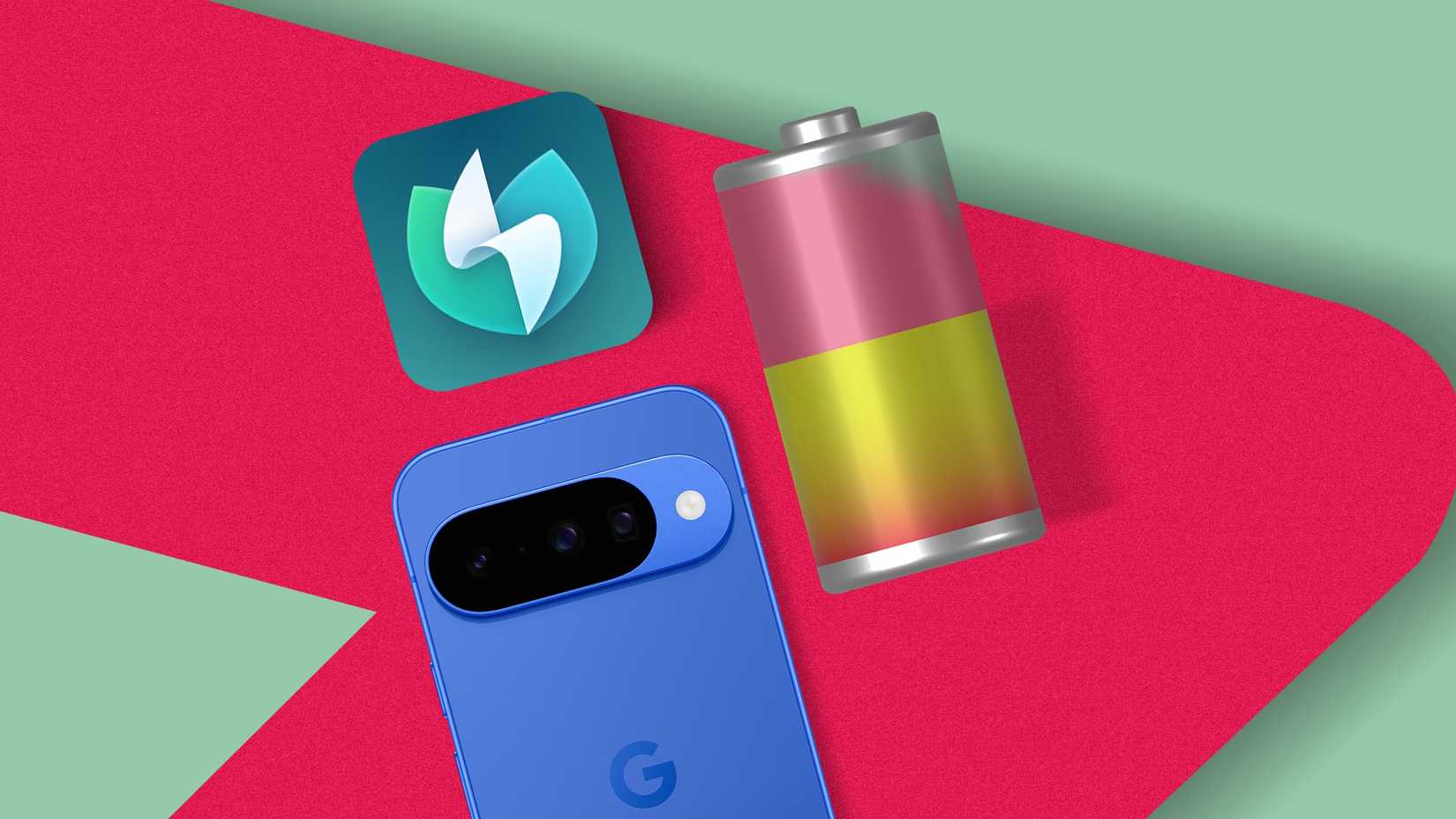 Um smartphone azul, o ícone do aplicativo Battery Guru e uma bateria 3D em um fundo geométrico vermelho e verde.