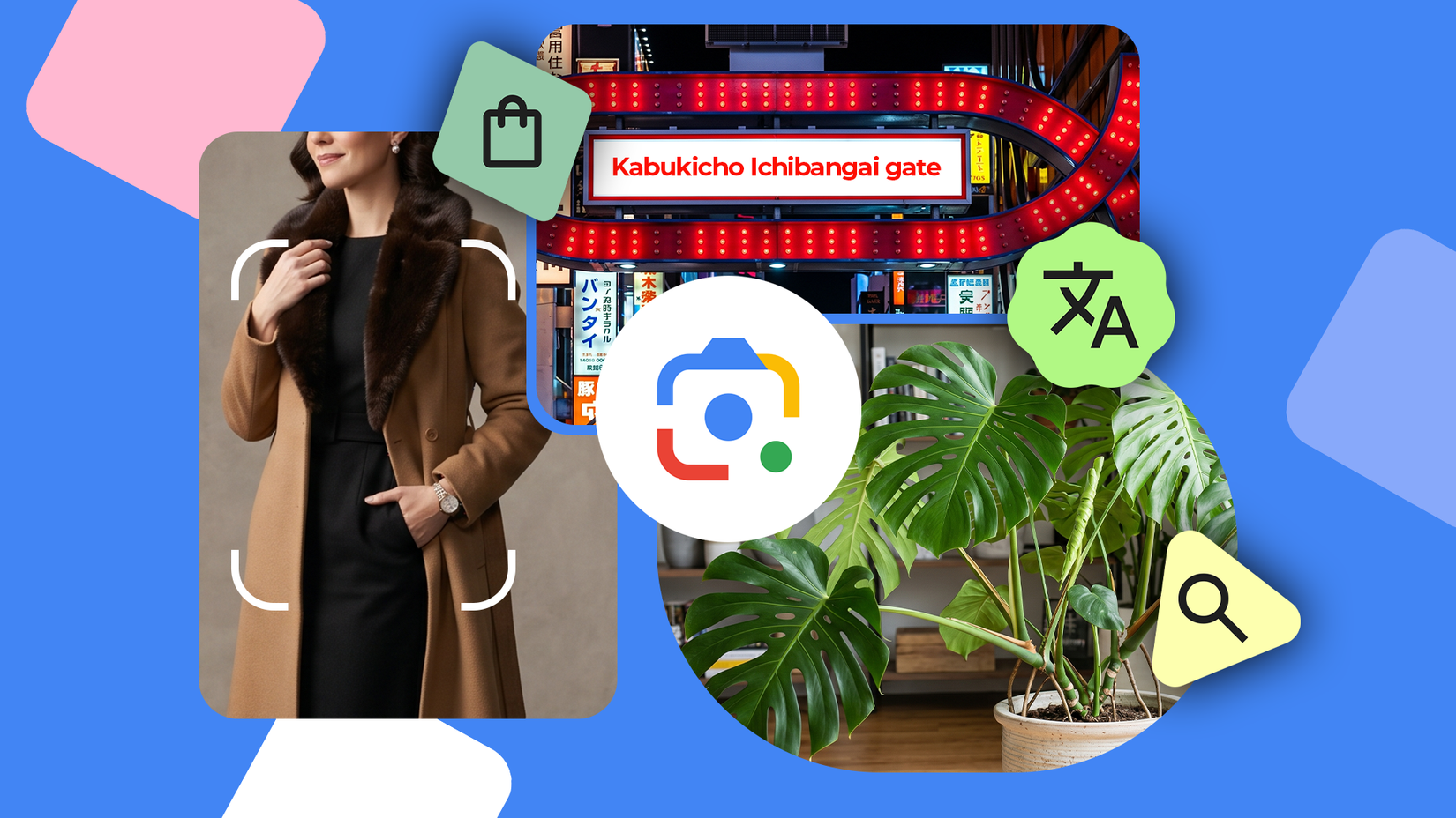 Uma colagem mostrando as funções do Google Lens para imagens, texto, compras e pesquisa visual.