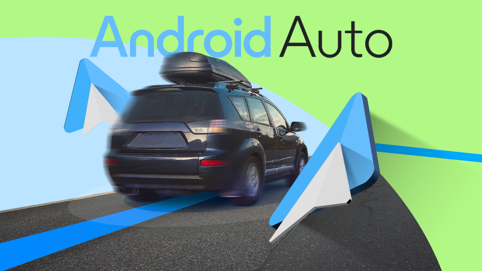 Um SUV escuro dirigindo em uma estrada, cercado por grandes ícones do Android Auto.