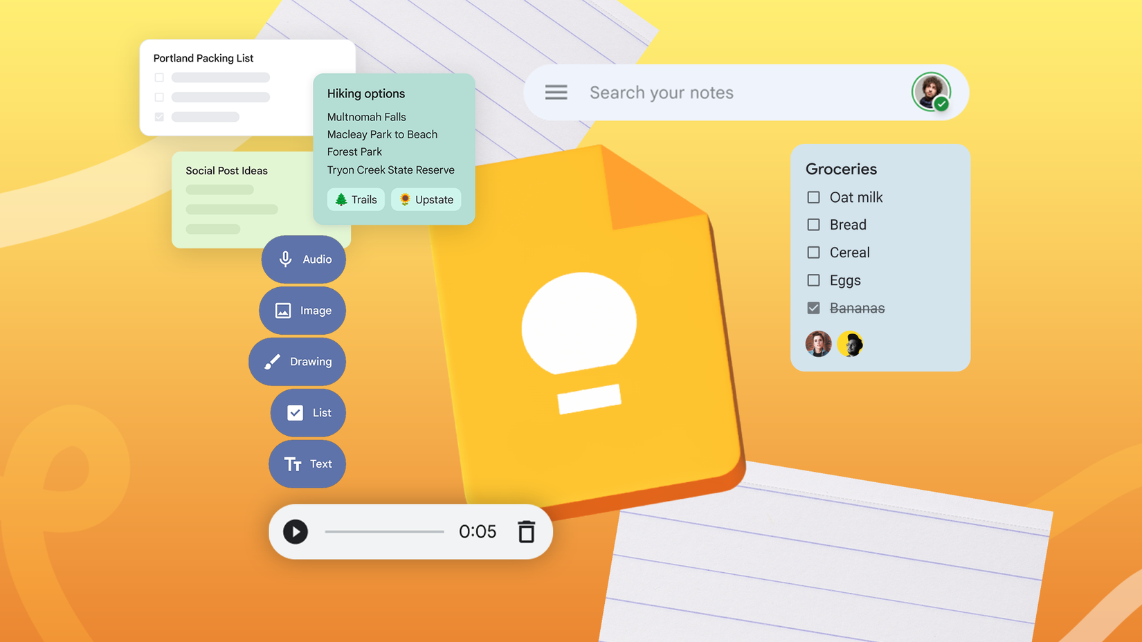 Uma colagem digital com o logotipo amarelo do Google Keep cercado por elementos flutuantes da interface do aplicativo, como notas de texto, listas de verificação compartilhadas e um player de áudio