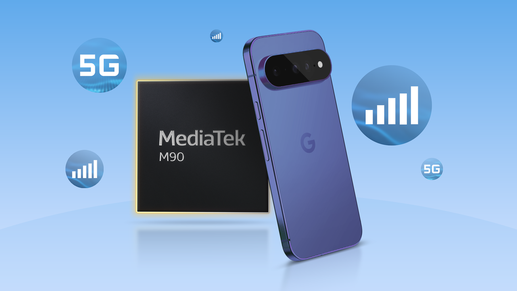 A Google Pixel 11 next to a MediaTek M90 chip and 5G signal icons.