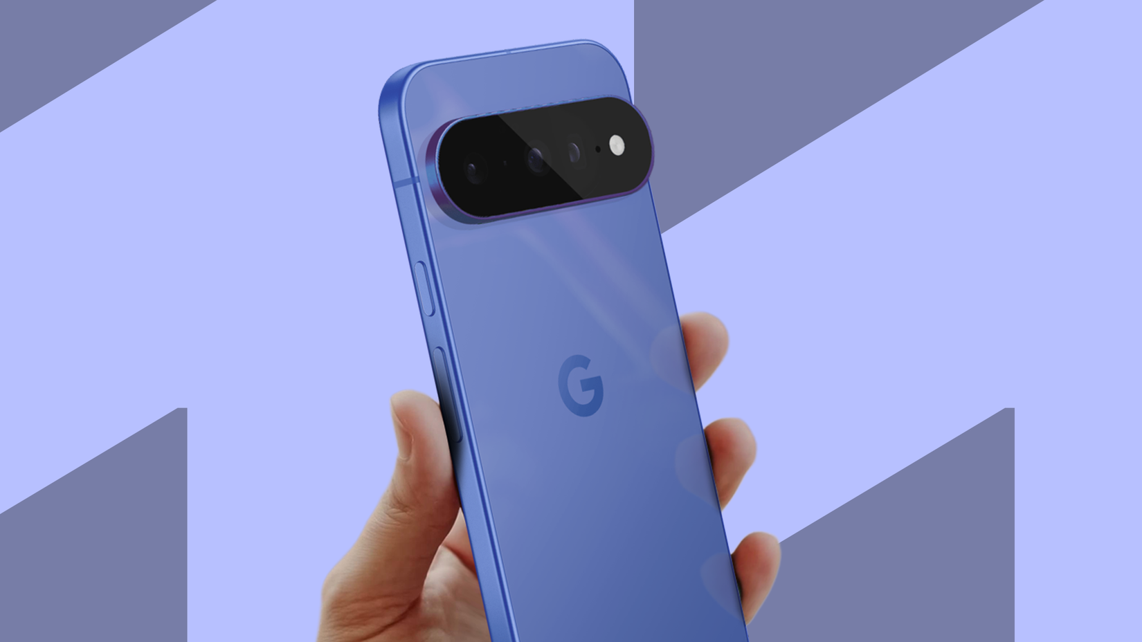Una mano che regge un Google Pixel 11 blu, con la barra della fotocamera posteriore in evidenza su uno sfondo geometrico azzurro.