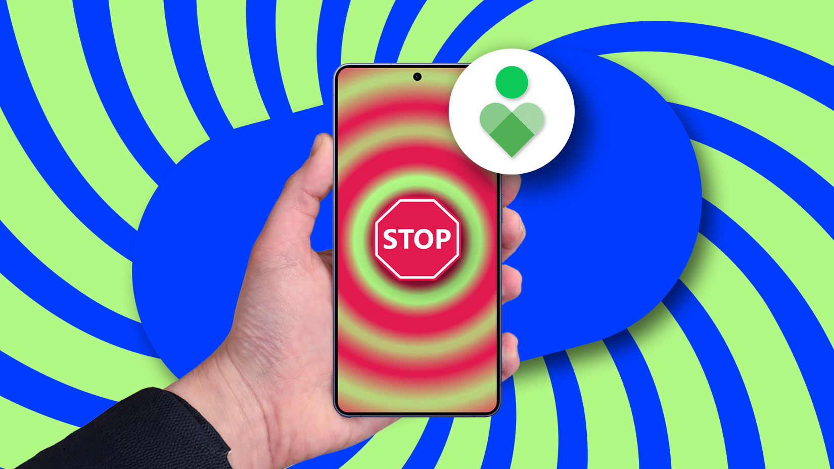 Uma mão segurando um smartphone mostrando um sinal de pare e um ícone de bem-estar digital contra um fundo espiral hipnótico.