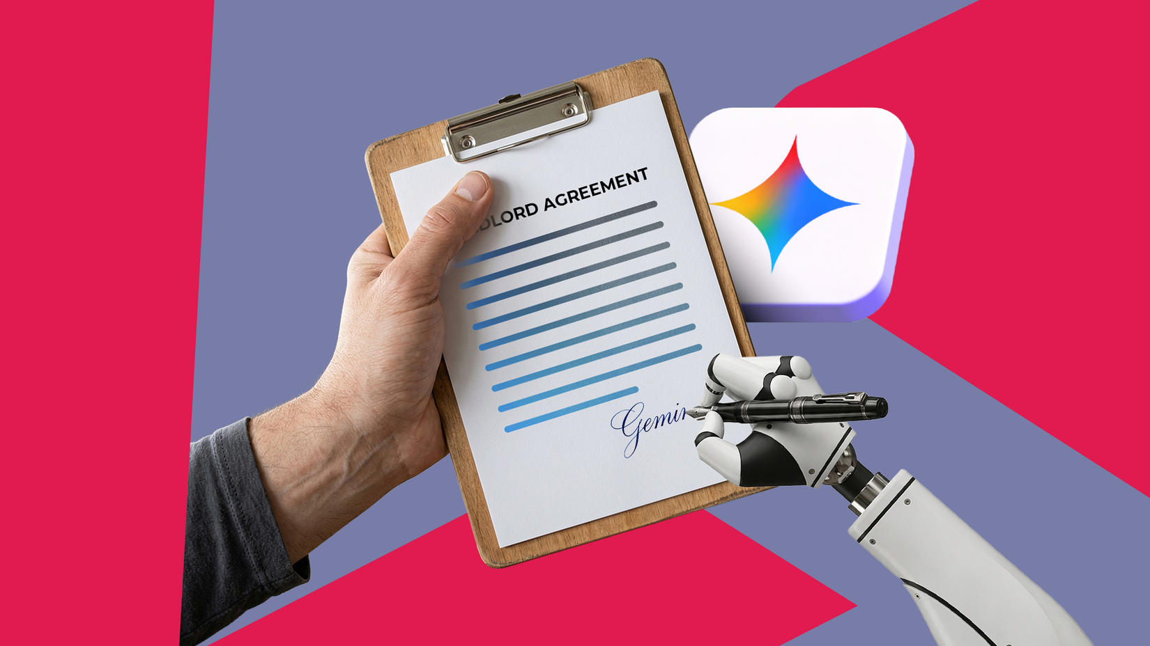 Uma mão humana segurando uma prancheta com um documento de 'Acordo de Proprietário' sendo assinado por um braço robótico, apresentando o logotipo e a assinatura da Gemini.