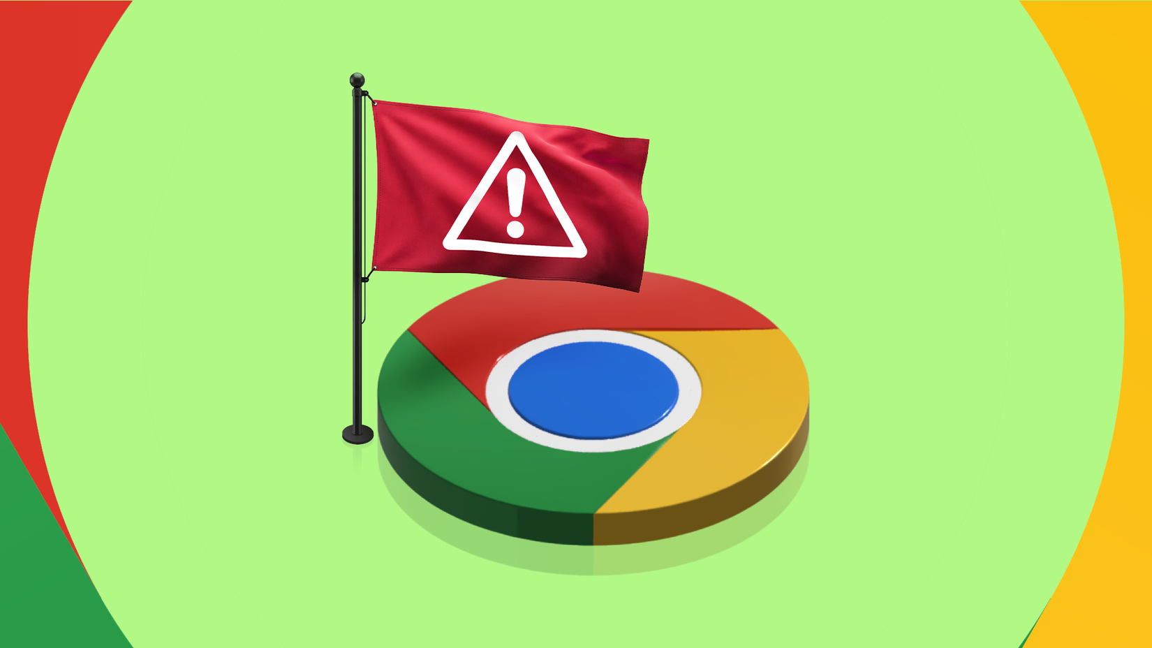 Uma bandeira de alerta vermelha tremulando sobre um logotipo 3D do Google Chrome.