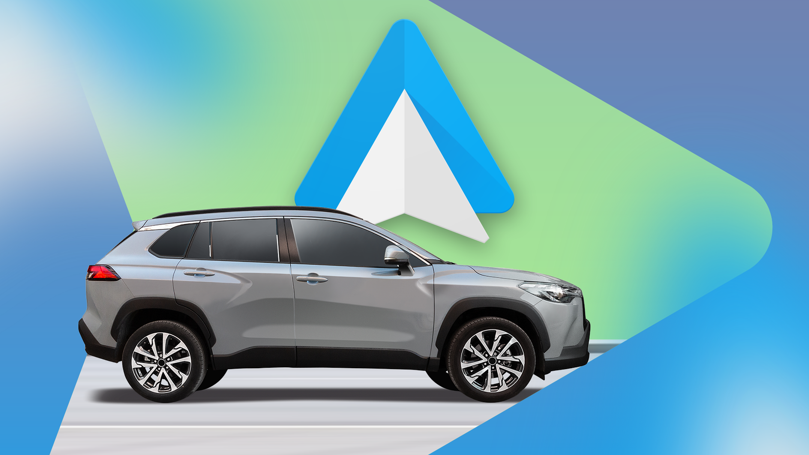 Um SUV prateado em frente ao logotipo do Android Auto em um fundo geométrico verde e azul