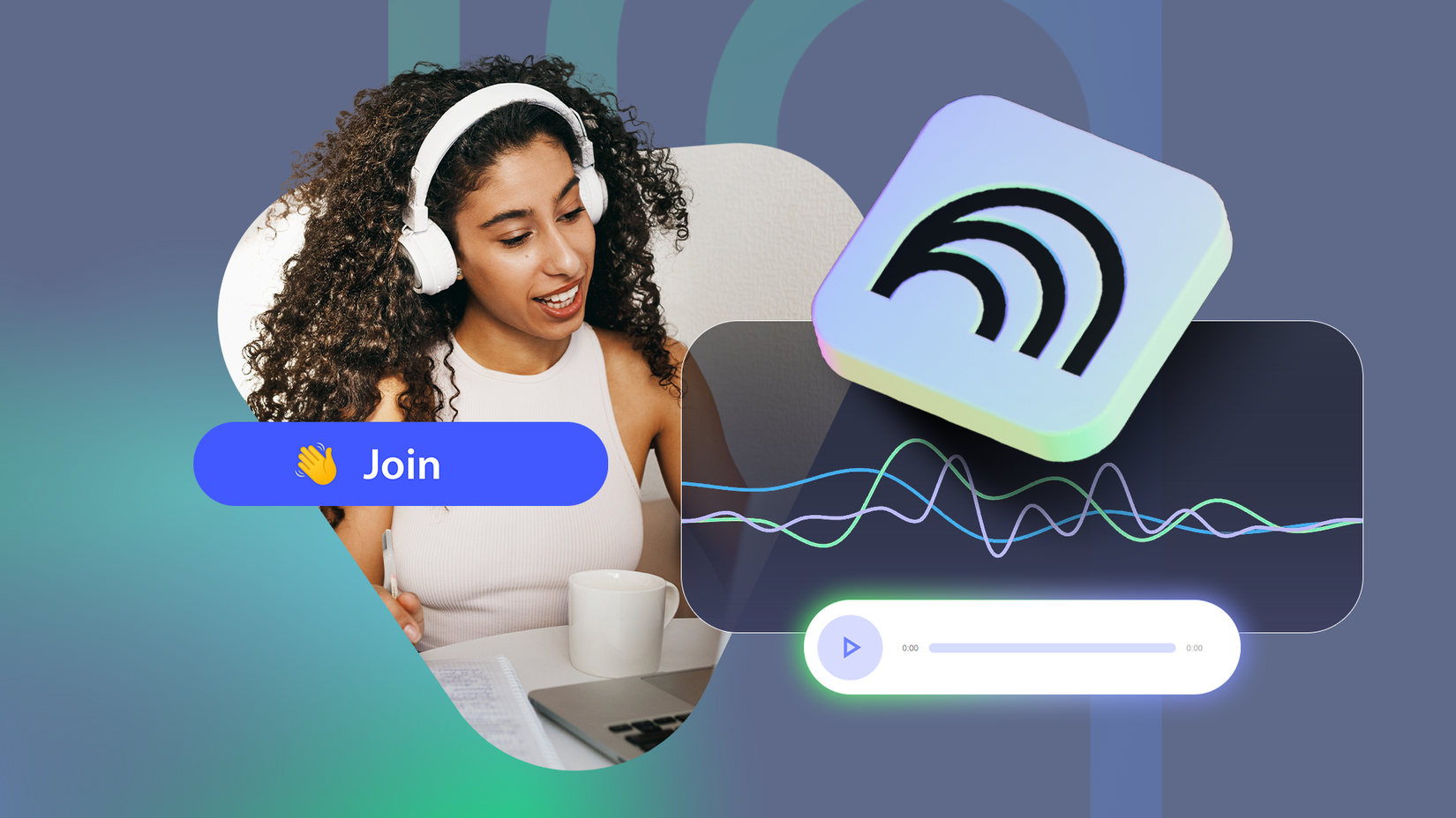 Uma mulher usando fones de ouvido estudando, com o logotipo NotebookLM sobreposto, formas de onda de áudio e um botão azul