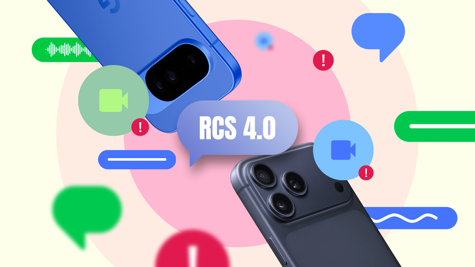 Um telefone Android e um iPhone enquadrando um balão de bate-papo central 'RCS 4.0', cercado por ícones de mensagens verdes e azuis, símbolos de videochamada e alertas de erro vermelhos