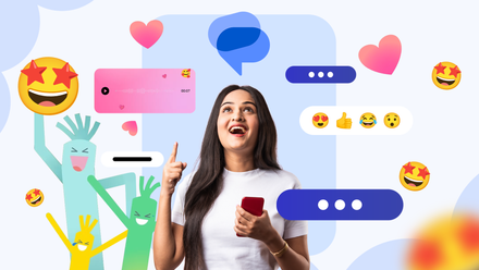 Uma mulher animada segurando um smartphone, cercada por recursos flutuantes do Mensagens do Google, como balões de bate-papo, emojis e uma mensagem de voz