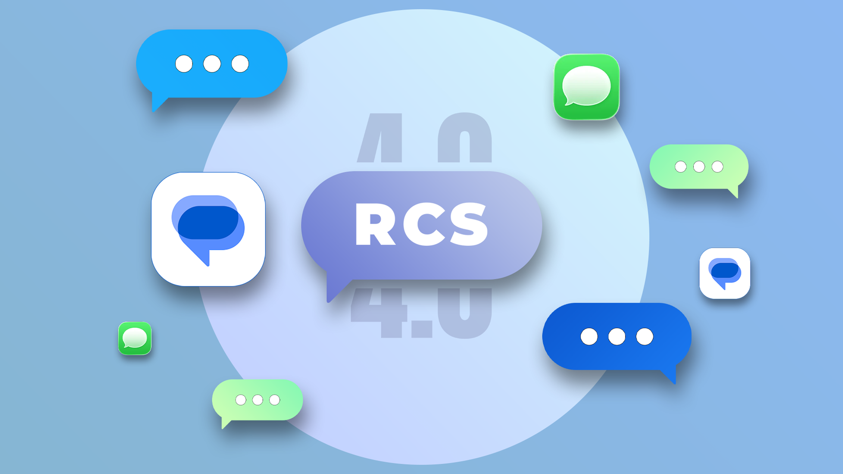 Um balão de fala RCS 4.0 cercado por ícones de bate-papo verdes e azuis, junto com os logotipos do Mensagens do Google e do iMessage, em um fundo azul suave