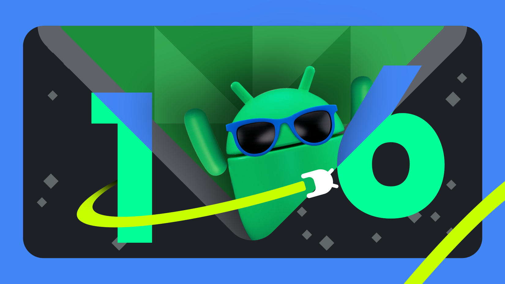 Android mascot wearing sunglasses behind a large, stylized number 16