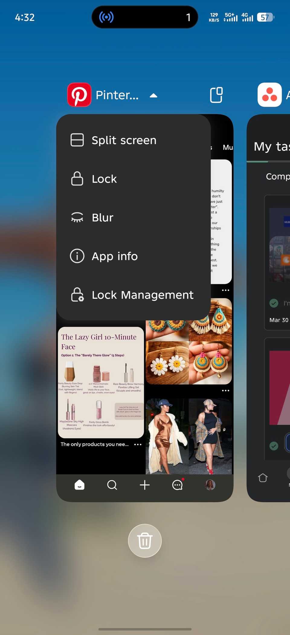 Expanded drawdown options for Pinterest app in Recent apps screen