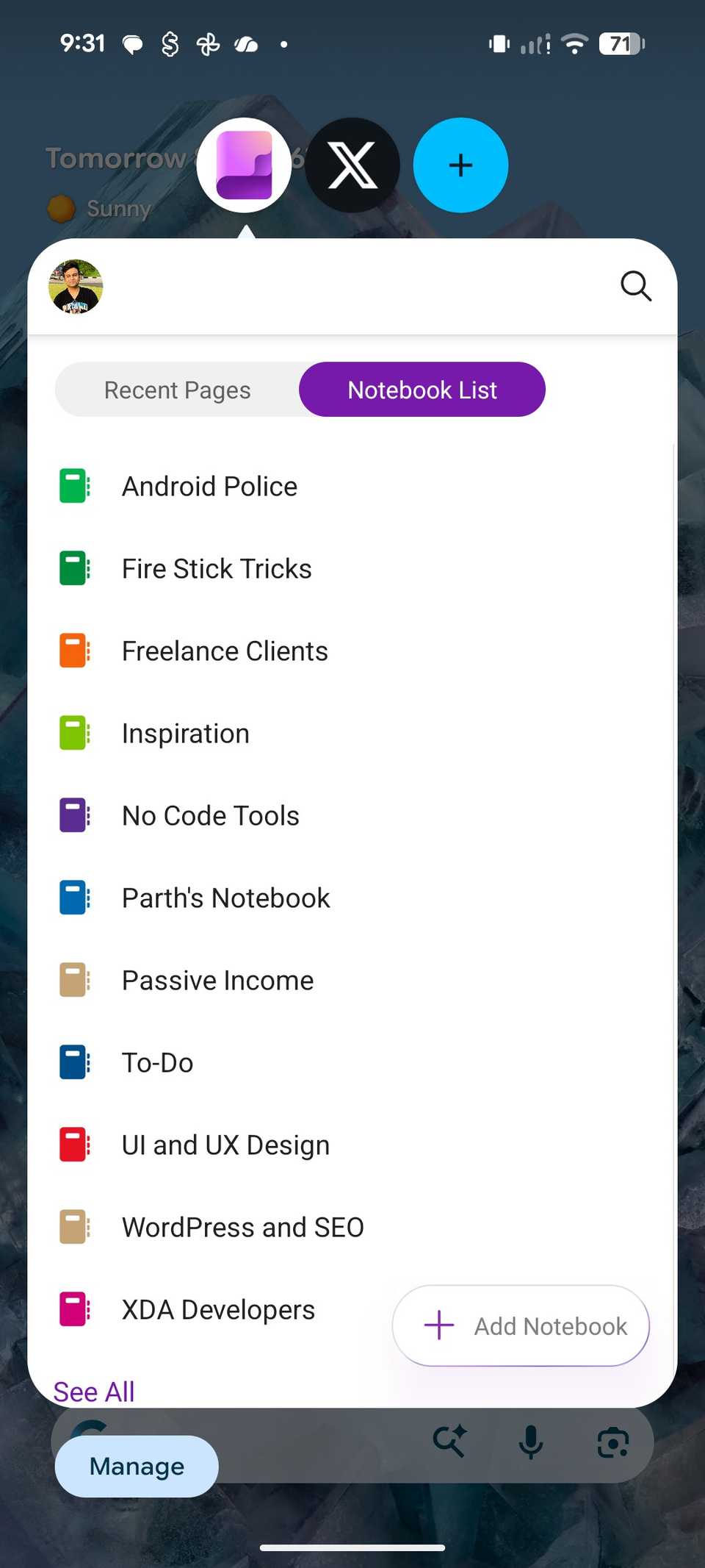 OneNote in multitasking bubble on Pixel 8 running Android 17